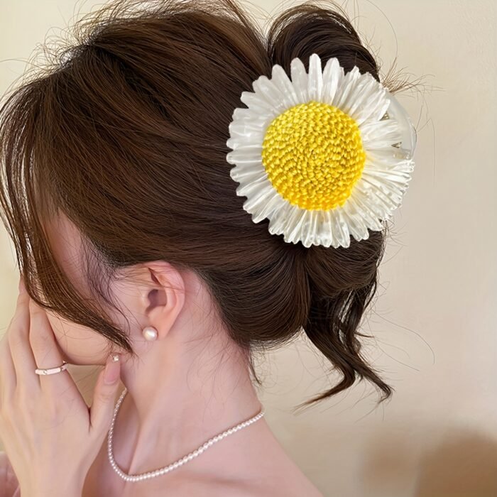 Single Bohemian Sunflower Hair Clip - Faux Flower Hair Accessory with Layered Petals & Yellow Centers, Beige & Brown Striped Design for Women, Casual Vacation & Everyday Hairstyles (Khaki//Yellow), Cute Hair Accessories, Vibrant Floral Accessory, Intricate Petal Texture - Image 3