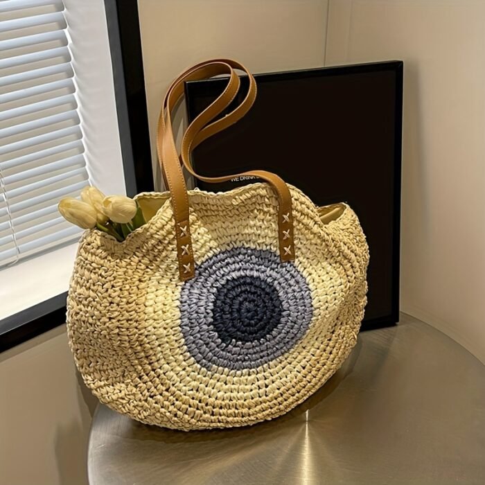 Large Capacity Woven Tote Bag - Stylish Beige & Blue Striped Beach Handbag with Floral Accents, Zip Closure, Perfect for Vacation or Everyday Use - Image 3
