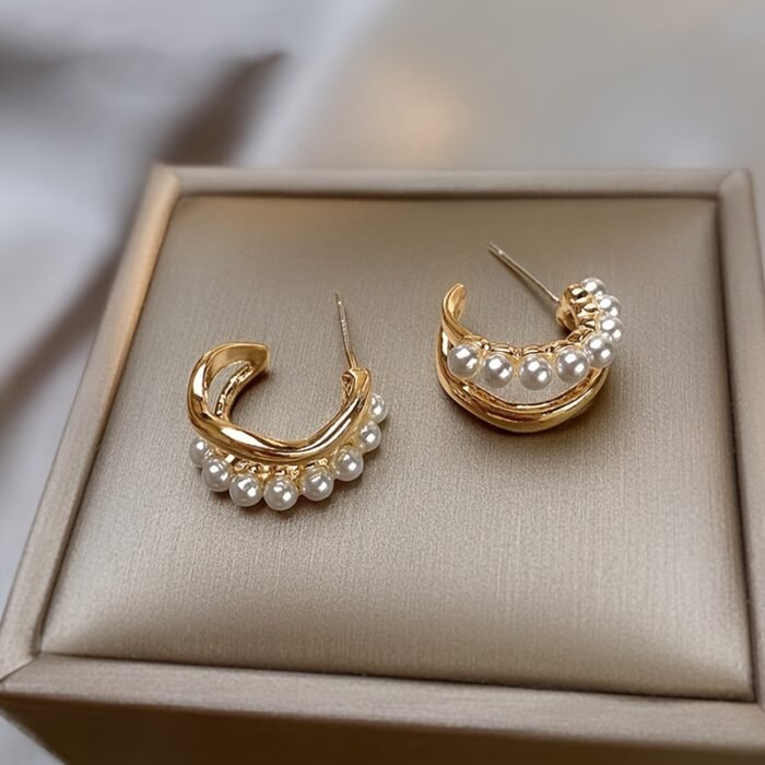 1 Pair Elegant Double Layer C-Shaped Faux Imitation Pearl Earrings for Women – Golden-Tone Zinc Alloy with White Imitation Pearl, Perfect for Casual Attire or Parties - Image 4