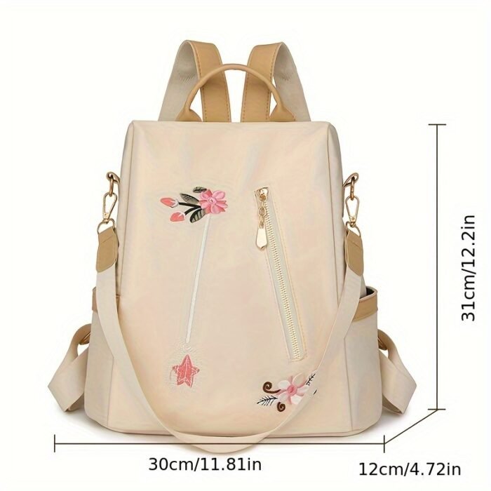 Stylish Floral Embroidered Backpack - Lightweight Anti-Theft Large Capacity Unisex Daypack with Adjustable & Detachable Straps, Zipper Closure, Polyester Lining for Commuting, Travel, School, Travel Backpack - Image 5