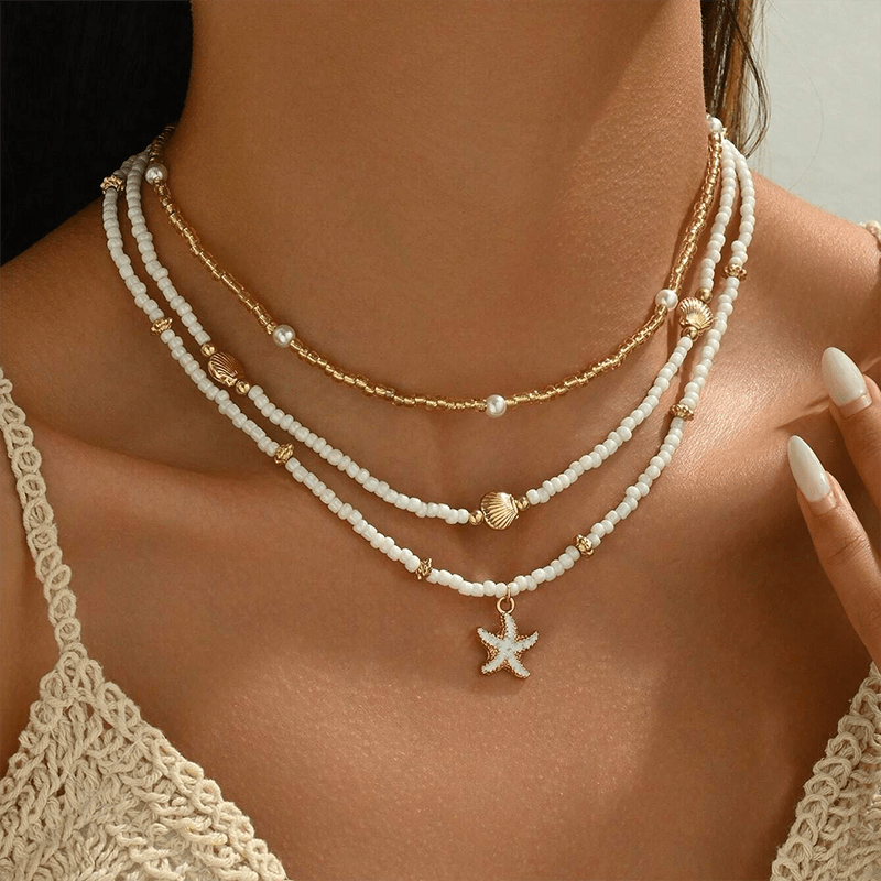 3pcs Dainty Layered Necklace Set for Women- Resin Material Handmade Seaside Shell & Starfish Pendant Multilayer, Perfect for Summer Beach Vacation, Beach Accessories