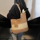 [Everyday Comfort] Large Capacity Woven Straw Tote Bag for Women - Stylish Beach Shoulder Handbag with Tassel Detail, Light Brown & Beige Two-Tone Design, Perfect for Spring and Summer Travel or Casual Outings, Casual Handbag | Chic Straw Tote | Natural Texture, Straw Handbag