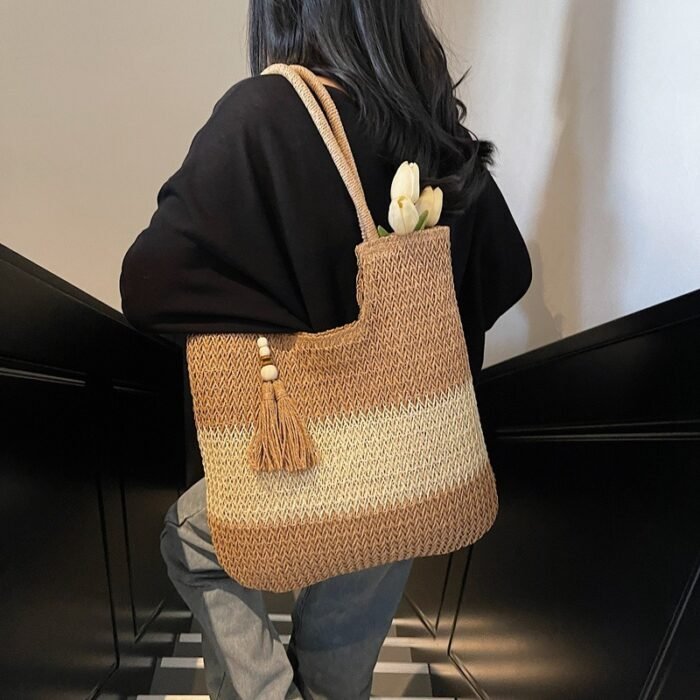 [Everyday Comfort] Large Capacity Woven Straw Tote Bag for Women - Stylish Beach Shoulder Handbag with Tassel Detail, Light Brown & Beige Two-Tone Design, Perfect for Spring and Summer Travel or Casual Outings, Casual Handbag | Chic Straw Tote | Natural Texture, Straw Handbag - Image 4