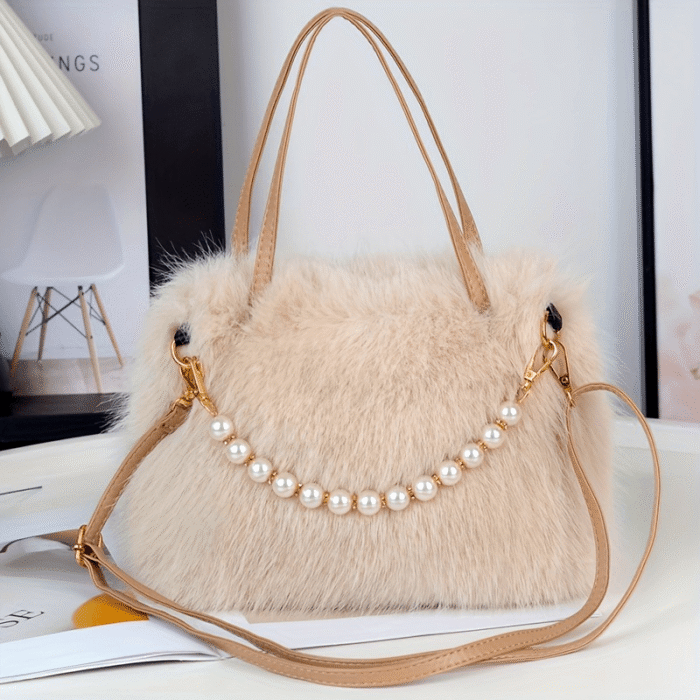 Women's Faux Fur & Embellished Crossbody Bag with Detachable Strap - Magnetic Closure Compact Casual Chic Handbag in Bright Pink, Khaki, Coffee, White, Black, Fashion Accessory, Evening Accessory, Embellishment, Soft Texture - Image 20