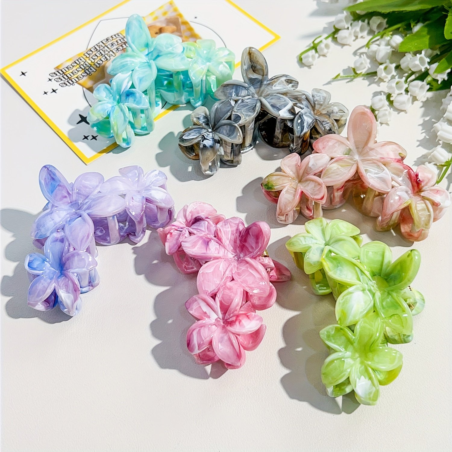 1pc Fashion Marble Pattern Egg Flower Hair Claw - Bohemian Style Plastic Shark Clip for Vacation and Everyday Wear, Floral Hair Accessory|Floral Hair Claw|Marble Pattern Texture