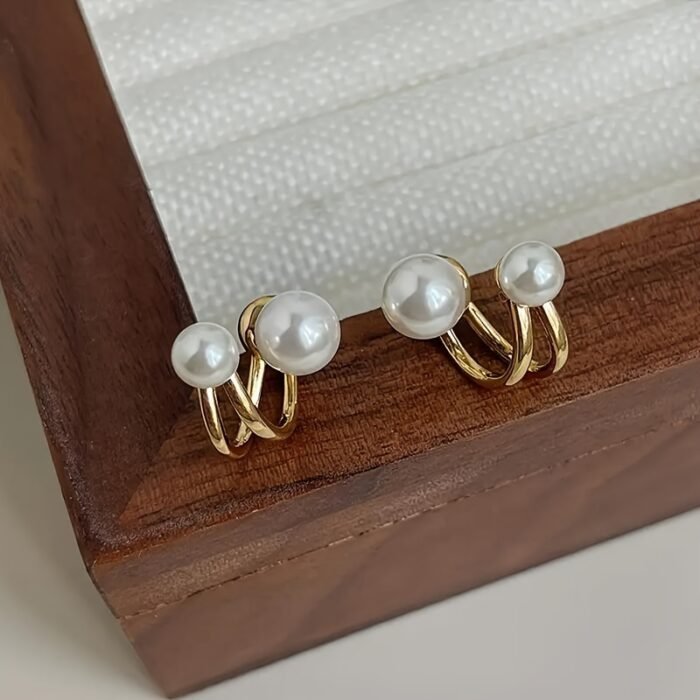 [Elegant Pearl Earrings] Golden-Tone Zinc Alloy Earrings, Elegant Faux Imitation Pearl Stud Earrings | Classic Round White Imitation Pearl, Minimalist Earrings, Versatile Jewelry for Casual Attire and Special Occasions, Seasonal Accessories - Image 4