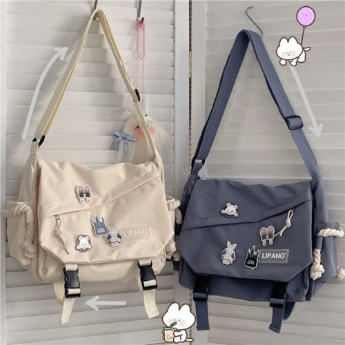 Harajuku style large capacity shoulder bag, retro workman's mail carrier bag, nylon crossbody bag for students with 4 badges included, fashionable bag suitable for men and women, perfect for back-to-school season
