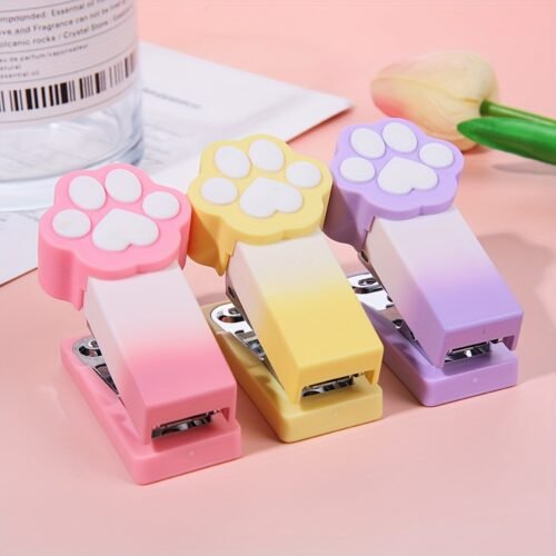 Mini Cartoon Stapler Set - Cute Portable Handheld Iron Staplers for Office and Student Use, Pastel Colors, Paw Design, Ideal for Organizing Papers and Cultural Supplies