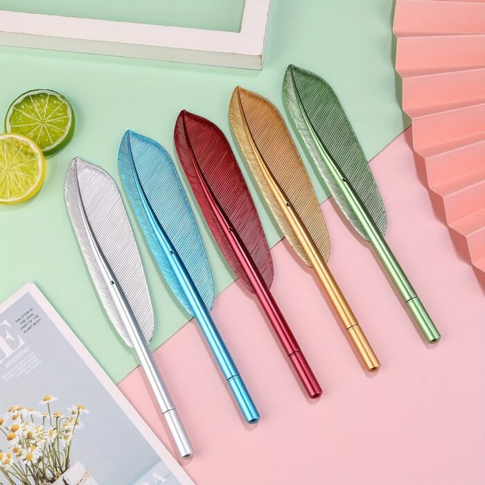6pcs Multicolor Feather Ballpoint Pens, Fine Point PVC Writing Pens with Metallic Accents for Office & School Use (Assorted Colors) - Image 4