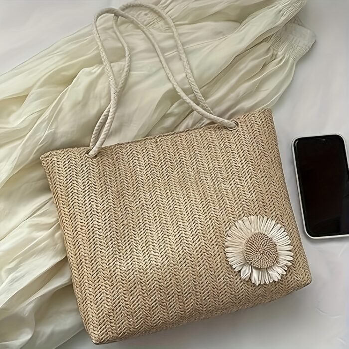 2 Colors Bohemian Woven Tote Bag with Sunflower Accents - Spacious Khaki/White Women'S Shoulder Handbag, Lightweight Stylish Design for Beach Vacation and Casual Outings, Magnetic Closure, Polyester Lined, Fixed Strap, Hand Washable, Beach Bag, Vacation Accessory, Decorative Embellishments, Handwashable Fabric - Image 4