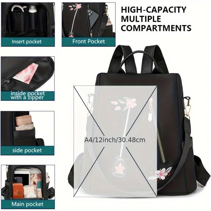 Stylish Floral Embroidered Backpack - Lightweight Anti-Theft Large Capacity Unisex Daypack with Adjustable & Detachable Straps, Zipper Closure, Polyester Lining for Commuting, Travel, School, Travel Backpack - Image 10