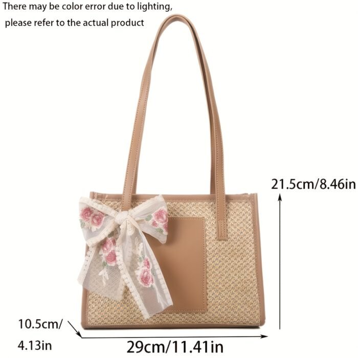 Elegant Woven Tote Bag with Floral Accent - Large Capacity, Rectangular Shape, Zipper Closure, Polyester Lining, Available in Beige, Green, and Cream, Perfect for Beach and Summer Outings, Beach Tote Bag|Elegant Tote Bag|Zippered Closure, Beach Bag - Image 6