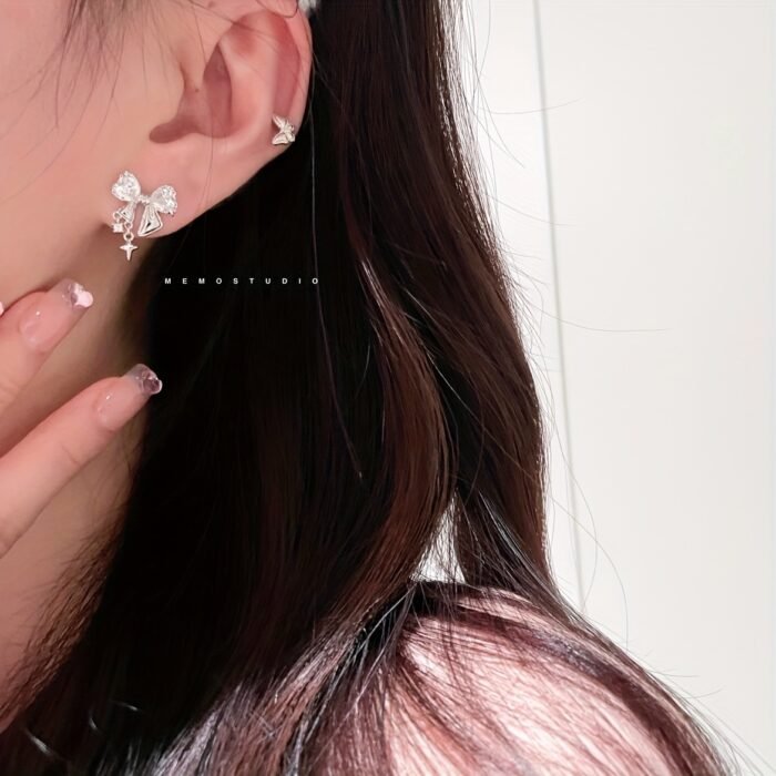 Elegant Bowknot Stud Earrings with Sparkling Cubic Zirconia, Alloy - Perfect for Summer Outfits, Dates, and Travel - Ideal Gift for Her, Vacation Jewelry|Glamorous Accessory|Alloy Construction - Image 6