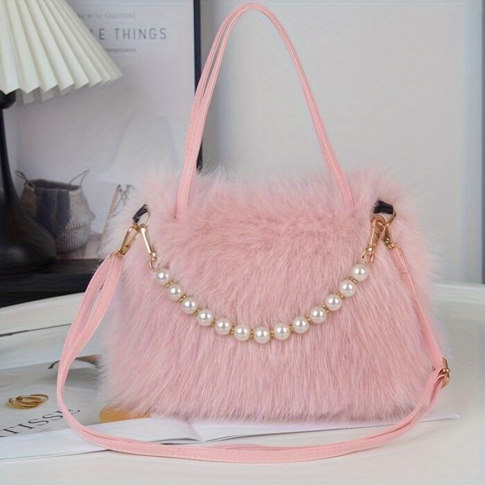 Women's Faux Fur & Embellished Crossbody Bag with Detachable Strap - Magnetic Closure Compact Casual Chic Handbag in Bright Pink, Khaki, Coffee, White, Black, Fashion Accessory, Evening Accessory, Embellishment, Soft Texture - Image 8