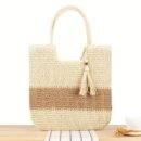 [Everyday Comfort] Large Capacity Woven Straw Tote Bag for Women - Stylish Beach Shoulder Handbag with Tassel Detail, Light Brown & Beige Two-Tone Design, Perfect for Spring and Summer Travel or Casual Outings, Casual Handbag | Chic Straw Tote | Natural Texture, Straw Handbag