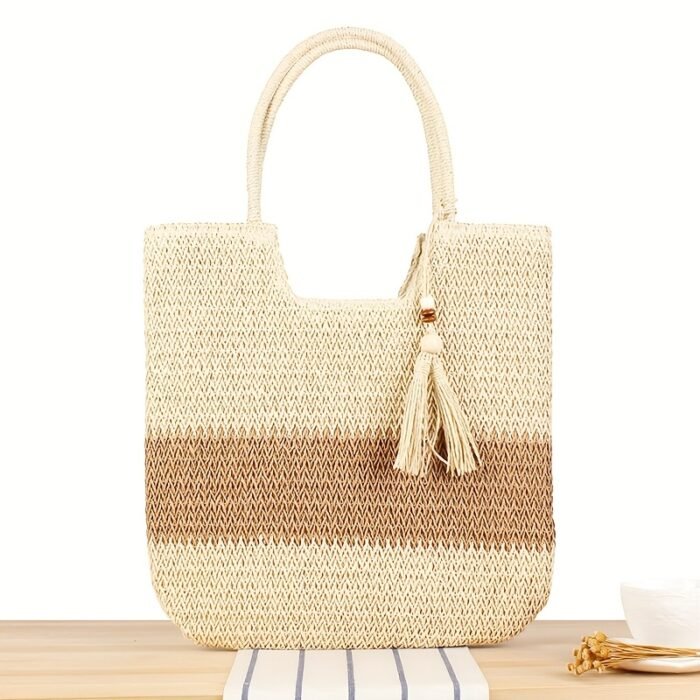 [Everyday Comfort] Large Capacity Woven Straw Tote Bag for Women - Stylish Beach Shoulder Handbag with Tassel Detail, Light Brown & Beige Two-Tone Design, Perfect for Spring and Summer Travel or Casual Outings, Casual Handbag | Chic Straw Tote | Natural Texture, Straw Handbag - Image 3