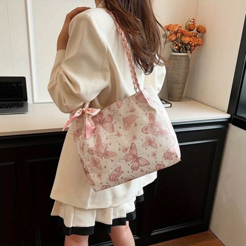 Korean Style Women's Large Capacity Tote Bag - Bright Pink Butterfly Floral Design with Zipper Closure, Polyester Lining & Hand Washable for Casual & Formal Outings, Sturdy Handle Construction, Everyday Handbag, Chic Accessory, Durable Material, Spacious Handbag, Working Professionals
