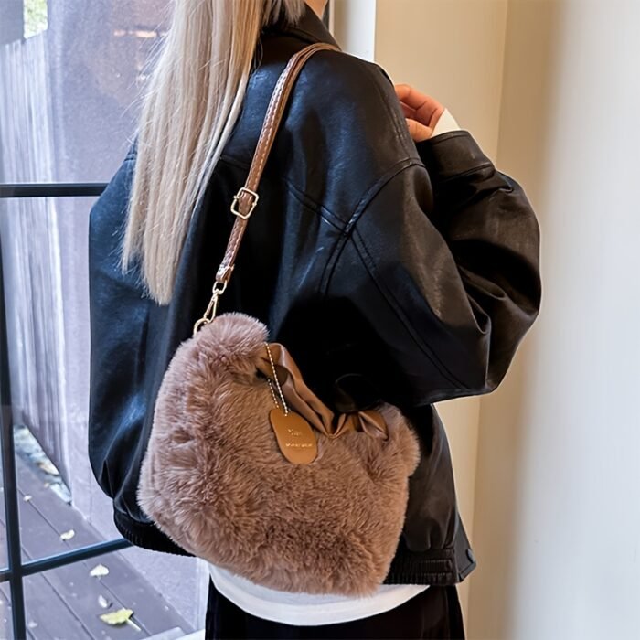 Women's Plush Faux Fur Crossbody Bag with Adjustable Strap & Zipper Closure - Sparkling Accents, Anti-Theft Design, Multiple Colors (Khaki/Light Gray/Beige/Pink) for Commuting & Casual Outings, Crossbody Purse, Winter Fashion Accessory, Soft Texture Purse - Image 14