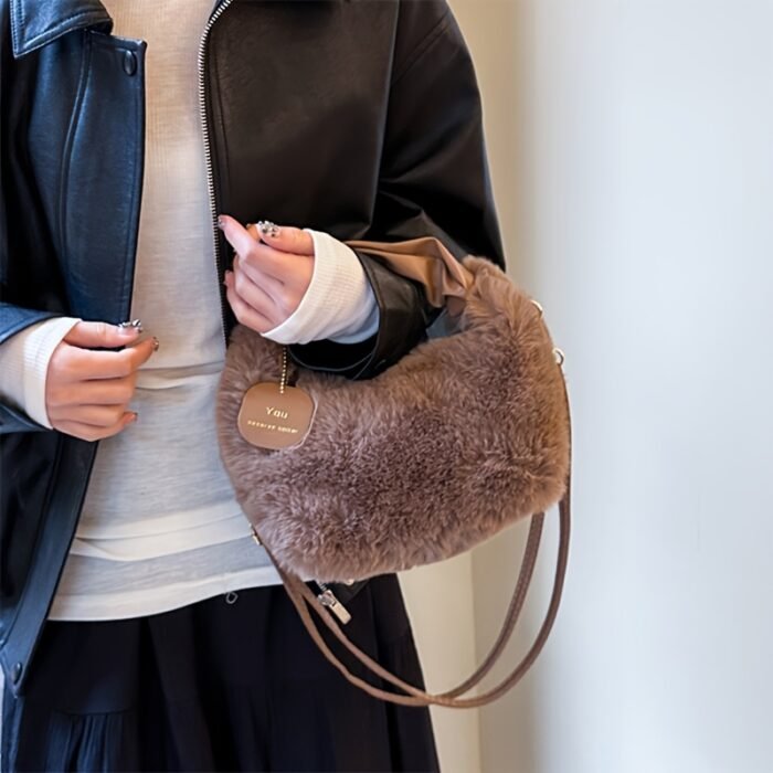 Women's Plush Faux Fur Crossbody Bag with Adjustable Strap & Zipper Closure - Sparkling Accents, Anti-Theft Design, Multiple Colors (Khaki/Light Gray/Beige/Pink) for Commuting & Casual Outings, Crossbody Purse, Winter Fashion Accessory, Soft Texture Purse - Image 5