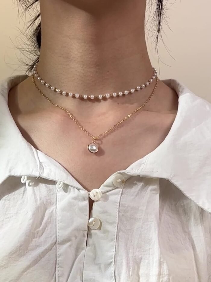 Elegant Double Layer Chain Necklace - Imitation Pearl Pendant, Iron Material, Versatile for Women, Daily & Party Wear, 1pc - Image 8