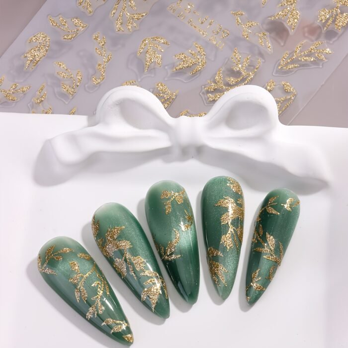 2pcs Golden Glitter Leaf Design Nail Stickers, Self-Adhesive Willow Leaf Pattern for DIY Salon, Women and 'S Nail Art Supplies LS-J - Image 9