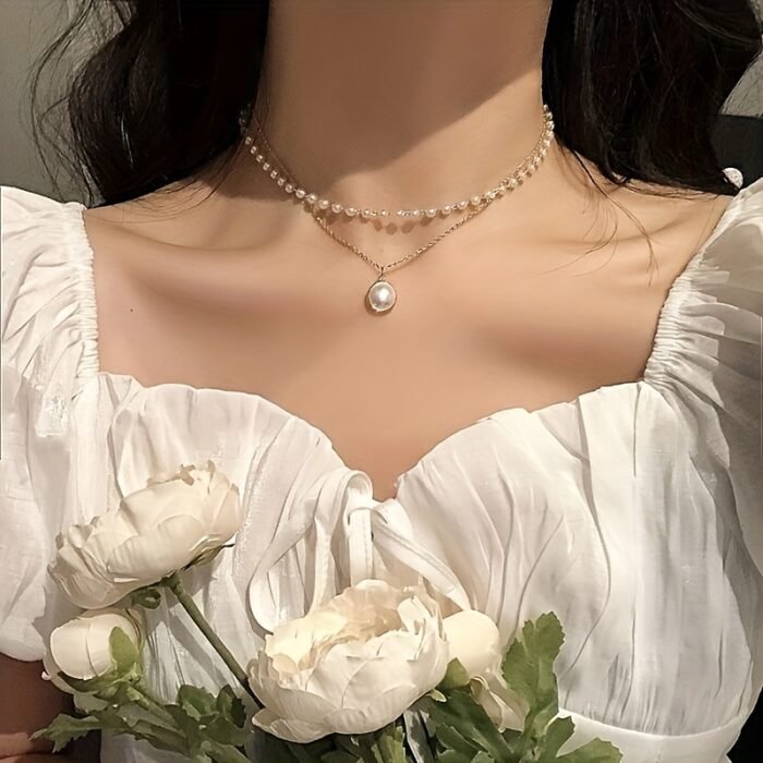 [Baroque Choker] Exquisite Baroque 1pc Double-Layer Faux Choker Necklace | Elegant Banquet Choker Party Jewelry, Daily Wear Jewelry for Girls and Women - Image 4