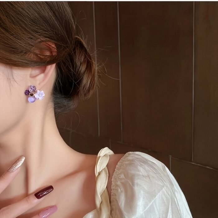 Elegant Boho-Chic Purple Artificial Crystal Flower Stud Earrings for Women - 925 Sterling Silver Posts, Versatile Fashion Accessory for All Seasons, Perfect for Gifts and Banquets - Image 4