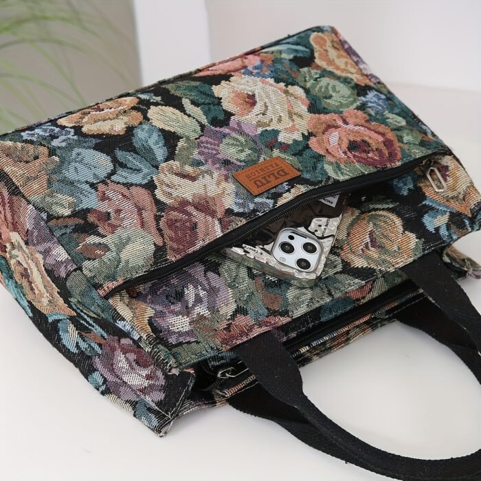 Women's Tote Bag New Product, Thickened Knitted Jacquard Fabric, Tote Bag, Work Portable Shopping Bag, Outing Storage Bag, Women's Bag, Retro, Large Capacity, Ethnic Style, Daily Use, Back-to- Season, Ramadan Festival, Square Bag, hand-carried bag, suitable for and office - Image 8