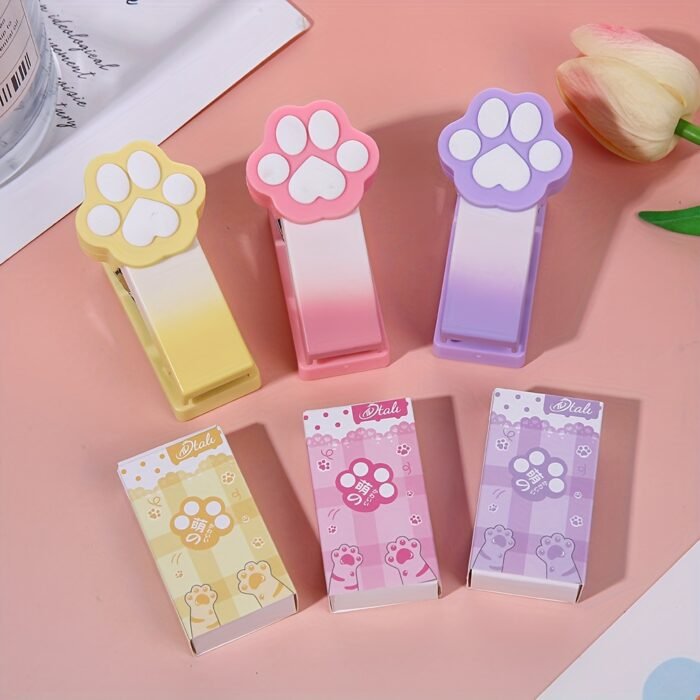Mini Cartoon Stapler Set - Cute Portable Handheld Iron Staplers for Office and Student Use, Pastel Colors, Paw Design, Ideal for Organizing Papers and Cultural Supplies - Image 11