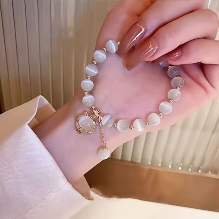 1pc Elegant Opal Bead Bracelet with Chic Cat Pendant – Vintage Bohemian Style, Perfect for Daily Wear or Special Occasions, Ideal Gift for Friends, All-Season Accessory, Cute Bracelets - Image 3