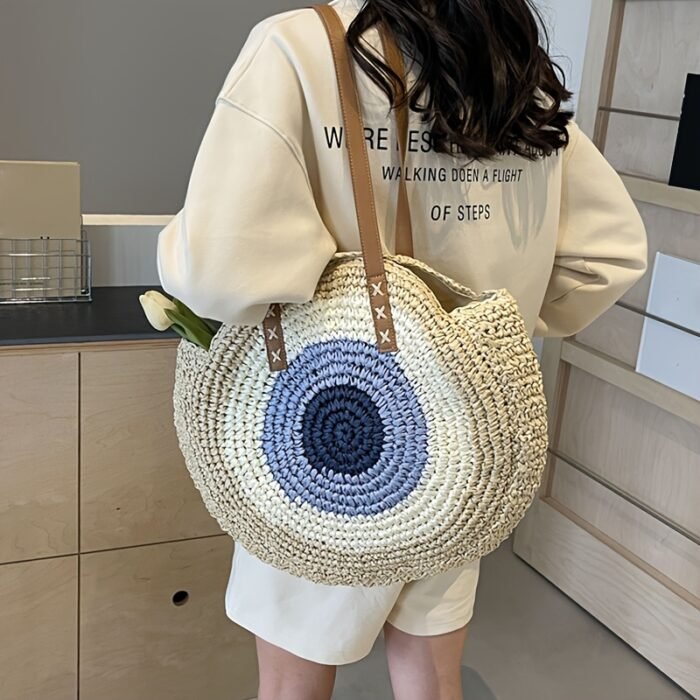 Large Capacity Woven Tote Bag - Stylish Beige & Blue Striped Beach Handbag with Floral Accents, Zip Closure, Perfect for Vacation or Everyday Use - Image 12