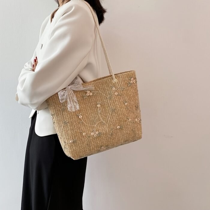 Chic Summer Woven Tote Bag - Korean Style, Beige Fabric with Floral Lace Detailing, Casual Small Crossbody Bucket Bag with White Strap and Polyester Lining, Casual Accessory | Floral Lace Bag | Buckle Closure - Image 8