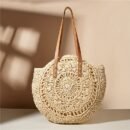 Summer Hollow Design Round Straw Tote Bag, Minimalist Woven Women's Tote Bag, Beach Bag, Suitable for All Seasons