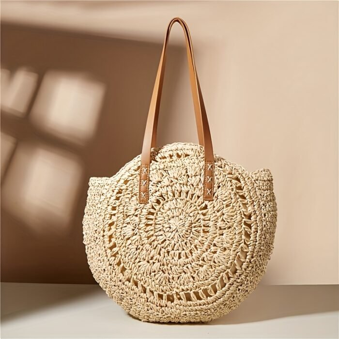 Summer Hollow Design Round Straw Tote Bag, Minimalist Woven Women's Tote Bag, Beach Bag, Suitable for All Seasons - Image 3