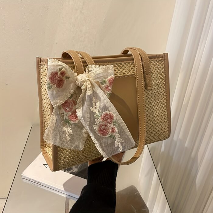 Elegant Woven Tote Bag with Floral Accent - Large Capacity, Rectangular Shape, Zipper Closure, Polyester Lining, Available in Beige, Green, and Cream, Perfect for Beach and Summer Outings, Beach Tote Bag|Elegant Tote Bag|Zippered Closure, Beach Bag - Image 11