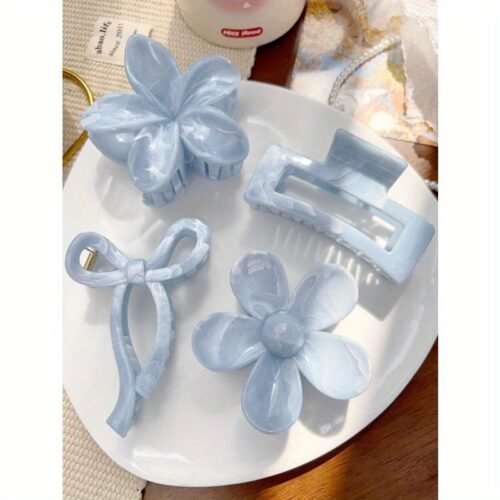 4pcs/Set Spring Summer Bohemian Sweet Light Blue & White Mixed Marble Pattern Bow Daisy Flower Square Hair Claw, Beach Hair Accessories