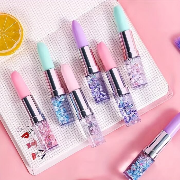 4pcs Creative Lipstick-Design Pens with Glitter Confetti Filling - Assorted Pastel Colors, Durable Plastic Fun Writing Stationery for Students, School Office Supplies & Prize Gifts, Student Gift Item | Playful Aesthetic | Sparkling Confetti, Cute Pens - Image 2
