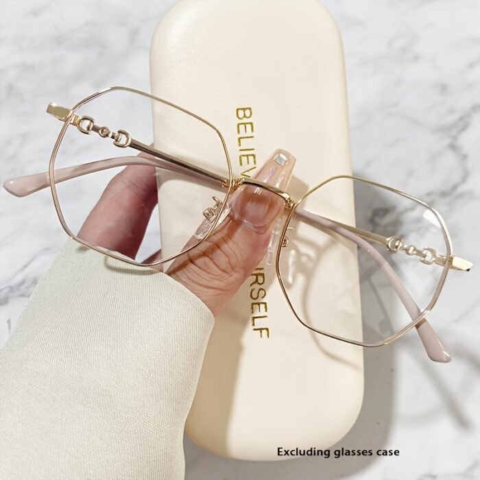 Chic Polygon Metal Frame Blue Light Blocking Glasses - Stylish Transparent Lens Eyewear for Women, Rose Golden Accents, Full-Rim Design, Perfect for Casual Outfits - Image 10