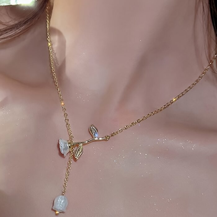 French-Inspired Rose Necklace with Floral Pendant & Delicate Chain - Vintage Collarbone Jewelry for Women, Elegant Everyday & Vacation Jewelry Gift, Flower Necklace, Fashion Accessory, Frenchinspired Design, Sparkling Elements - Image 5