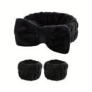 Solid Color Butterfly End Headband Wristband Set Women'S Wash Beauty Makeup Headband Wrist Flannel Hair Accessories Headwear Face Wash Headband Wrist Set Plush Elastic Headband Ladies Accessories Set