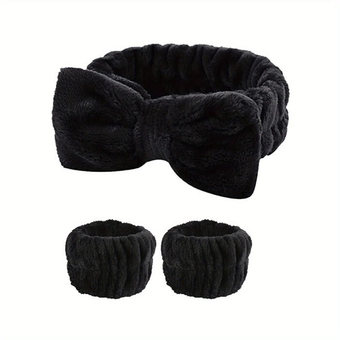 Solid Color Butterfly End Headband Wristband Set Women'S Wash Beauty Makeup Headband Wrist Flannel Hair Accessories Headwear Face Wash Headband Wrist Set Plush Elastic Headband Ladies Accessories Set - Image 18