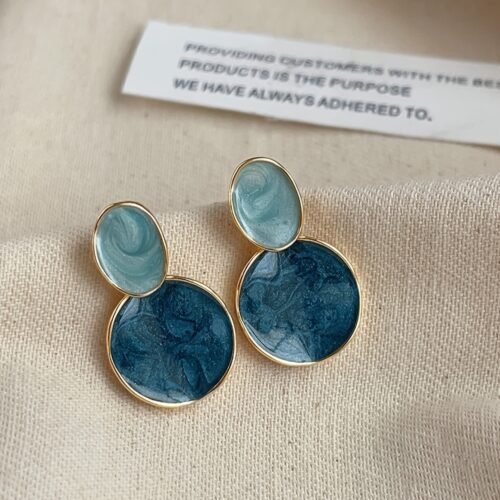 Elegant Blue Enamel Drop Earrings - French-Inspired, Stainless Steel Posts, Ideal for Weddings & Parties, Women's Boho-Chic Oval Studs, Pair
