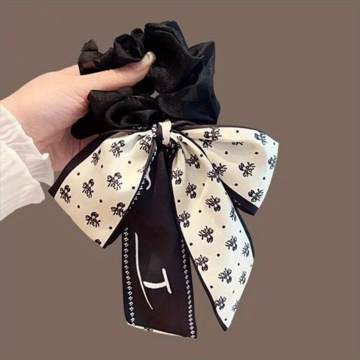 1pc Elegant Korean Style Bow Hair Tie - Sweet Spring/Summer Hair Accessory for Girls, Versatile Princess Hairband with Pink & Green Floral Design, Secure Hold Elastic Hair Ties, Daily Use Hair Accessories, Bowknot Hair Tie, Soft Texture Tie - Image 5