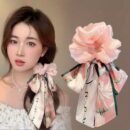 1pc Elegant Korean Style Bow Hair Tie - Sweet Spring/Summer Hair Accessory for Girls, Versatile Princess Hairband with Pink & Green Floral Design, Secure Hold Elastic Hair Ties, Daily Use Hair Accessories, Bowknot Hair Tie, Soft Texture Tie