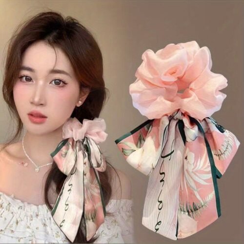 1pc Elegant Korean Style Bow Hair Tie - Sweet Spring/Summer Hair Accessory for Girls, Versatile Princess Hairband with Pink & Green Floral Design, Secure Hold Elastic Hair Ties, Daily Use Hair Accessories, Bowknot Hair Tie, Soft Texture Tie