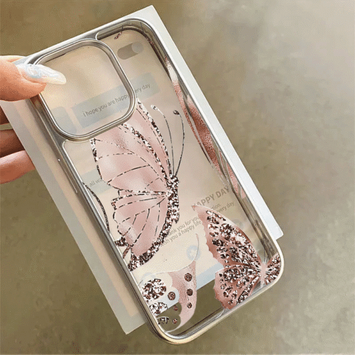 A Shimmering Butterfly Print Phone Case for Iphone Models Including 11 Pro Max, 11, 11 Pro, 12, 12 Pro, 12 Pro Max, 13 Pro Max, 13, 13 Pro, 14, 14 Pro, 14 Pro Max, 14 Plus, 15 Pro Max, 15, 15 Pro, 16, 16 Pro, 15 Plus, 16 Pro Max, And 16 Plus, Featuring a Soft Transparent Design with a Silver Electroplated Frame. A Special Gift for Boyfriends, Girlfriends, Lovers, Or Best Friends.