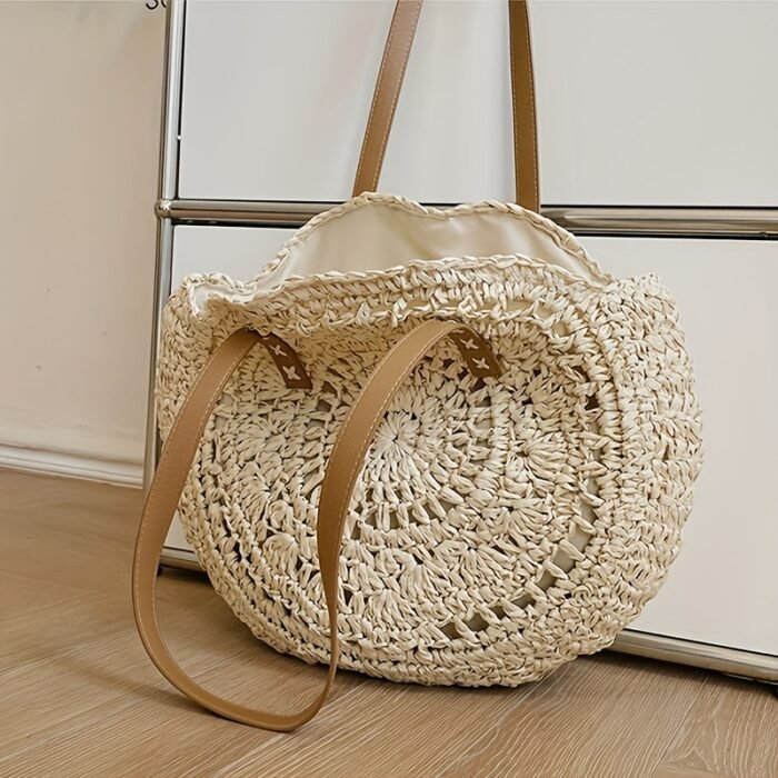Summer Hollow Design Round Straw Tote Bag, Minimalist Woven Women's Tote Bag, Beach Bag, Suitable for All Seasons - Image 12