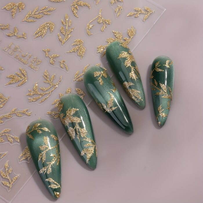 2pcs Golden Glitter Leaf Design Nail Stickers, Self-Adhesive Willow Leaf Pattern for DIY Salon, Women and 'S Nail Art Supplies LS-J - Image 10