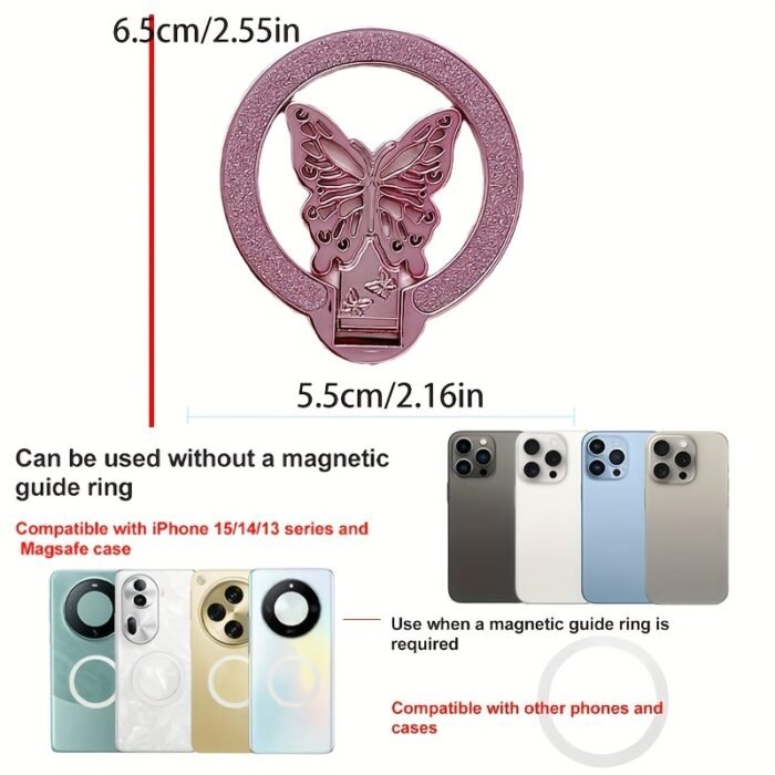 1pc Glitter Butterfly Stand Ultra-Thin Magnetic Wireless Charging Foldable Back Adhesive Phone Case Universal Ring Holder - Image 5