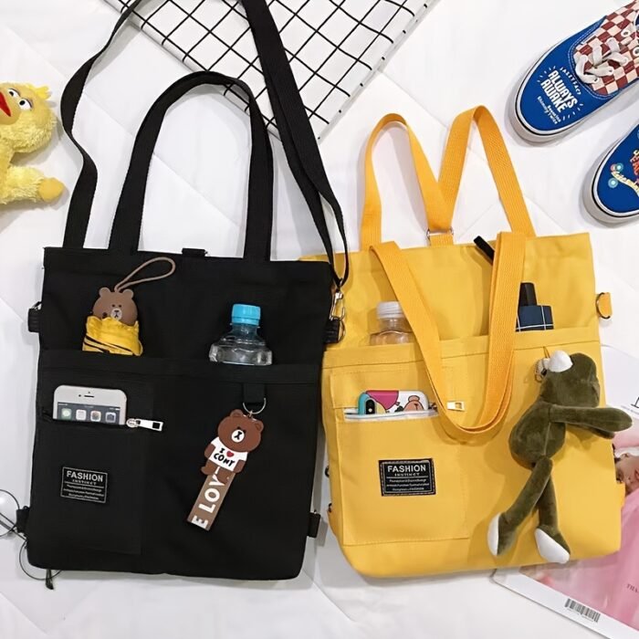 1pc Black and Yellow Canvas Tote Bag with Zipper Closure - Durable, Handwashable Messenger Bag for Students and Casual Use, Features Multiple Pockets and Adjustable Straps, Casual Accessory|Playful Design|Zippered Bag